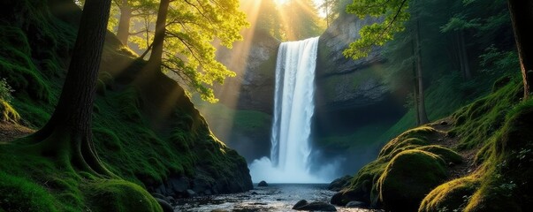 Sunlight filters through trees at Multnomah Falls, landscape, nature