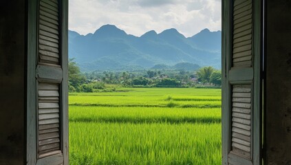Serene Rice Paddy Landscape Viewed Through Rustic Window