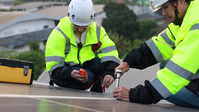 A dedicated solar technician, clad in a vibrant green uniform and equipped with a safety harness, diligently works on a solar roof, harnessing the sun's power to create a sustainable future.
