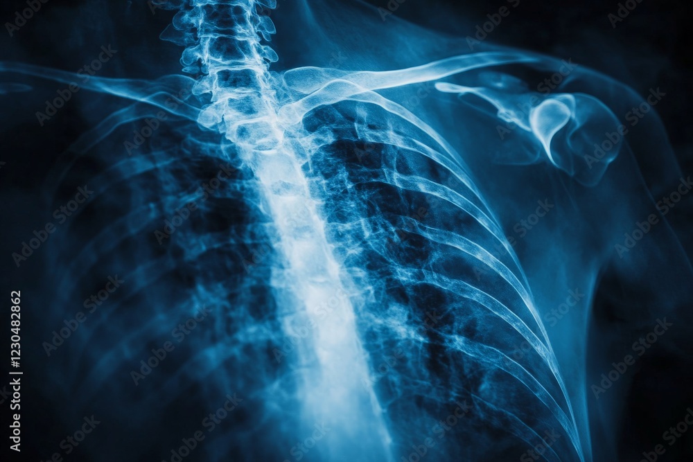 Poster detailed view of a human spinal column and surrounding ribs in x-ray imaging