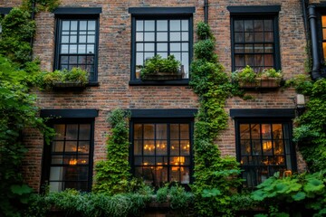 Fototapeta premium A historic brick building adorned with lush ivy and colorful window boxes stands out with its charming architecture, creating a picturesque scene in an urban setting as twilight descends