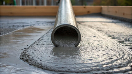 Concrete pouring process wet material installation at construction site outdoor setting close-up view for quality analysis