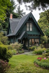 An elegant Victorian house stands gracefully amidst lush, vibrant gardens, bathed in the warm glow of late afternoon light, in a tranquil neighborhood