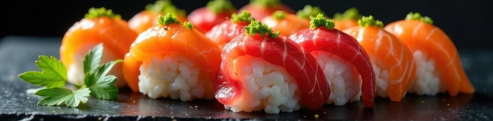 Sushi de colores arcoiris en una gran cantidad, dispuestos en forma geom?trica perfecta, dise?o, presentaci?n, estante