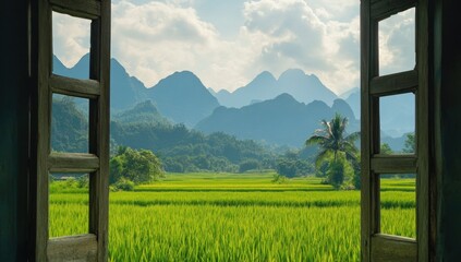 Fototapeta premium Serene Mountain View from Rustic Window