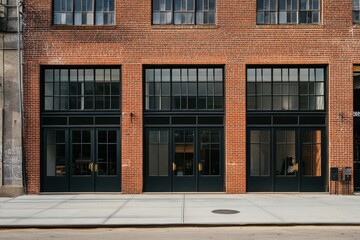 Fototapeta premium The urban architecture boasts a striking red brick facade complemented by expansive glass windows, all set against a bustling modern commercial district under the bright daylight