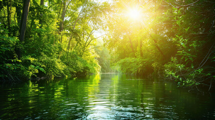 Naklejka premium serene river flows through lush green forest, illuminated by bright sunlight filtering through trees, creating peaceful and tranquil atmosphere