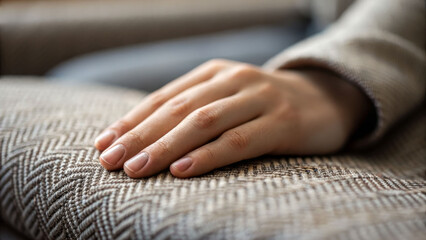 Gentle hand on textured material cozy home setting close-up view focused detail inviting atmosphere