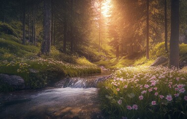 Obraz premium Sunlight filters through trees over a serene creek adorned with blooming flowers in a tranquil forest setting during early morning hours