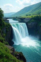 Water pours over a green dam in a serene landscape, hydroelectric, waterfalls