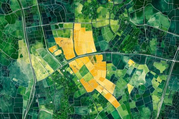 Vibrant aerial view of agricultural fields with contrasting colors near a rural area during daytime