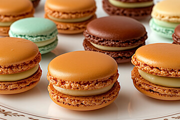 Fototapeta premium Assorted Macarons with Cream Filling on White Plate