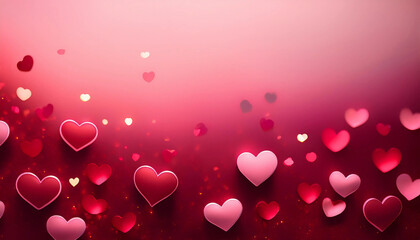 Obraz premium Romantic Valentine’s Day gradient background with deep red melting into soft pink, adorned with tiny heart shapes and a gentle glowing effect for a passionate and warm atmosphere