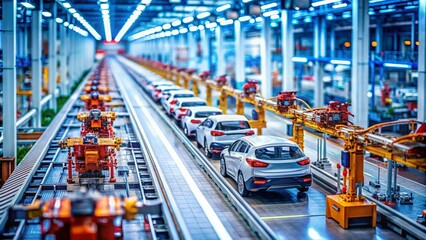 Tilt-Shift Photography: Advanced Automated Electric Vehicle Factory Production Line