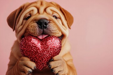 Chinese shar-pei - my desired dog. Cute chinese shar-pei pup with sparkling rhinestones red heart - emblem of love, funny greeting card. Digital ads visual idea. Adorable dog valentine's.