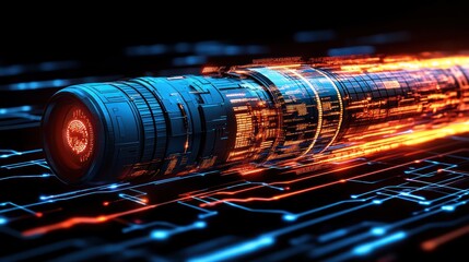 Futuristic technology cylinder with glowing circuits.