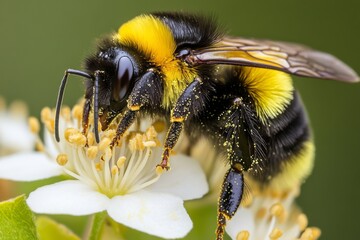 A bee collects pollen on a white flower,ai generated