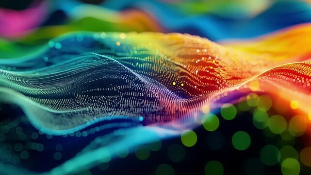 A closeup of a 3D data visualization model being rotated on a computer screen highlighting s and outliers in the data set with dynamic color gradients and shadows.