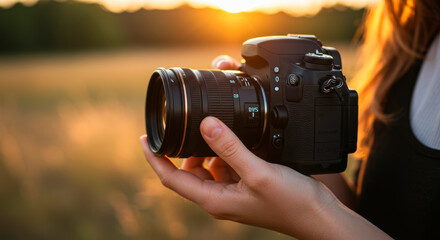 Close-up of a female photographer’s hands gently holding a DSLR camera, adjusting the lens with precision