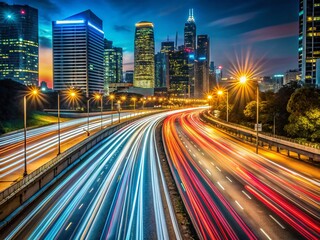 Fototapeta premium Time-Lapse City Traffic Highway Rush Hour Lights Trails Night Cityscape