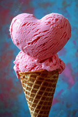 A delicate pink heart-shaped ice cream scoop atop a crispy cone, set against a subtle pastel background with soft natural light, radiating sweetness and romance for Valentine Day