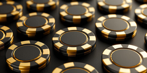 Bundle of Black and Gold Poker Chips on Dark Surface