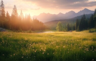 Obraz premium Serene sunset over a tranquil meadow with mountains in the background and dense forest in the foreground