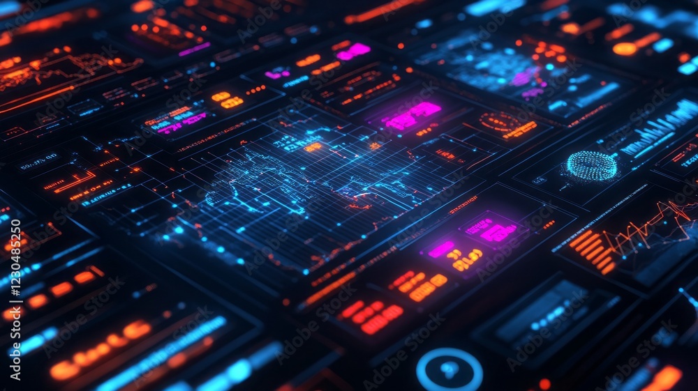 Poster futuristic digital interface displays data analytics, graphs, and charts with glowing neon colors.