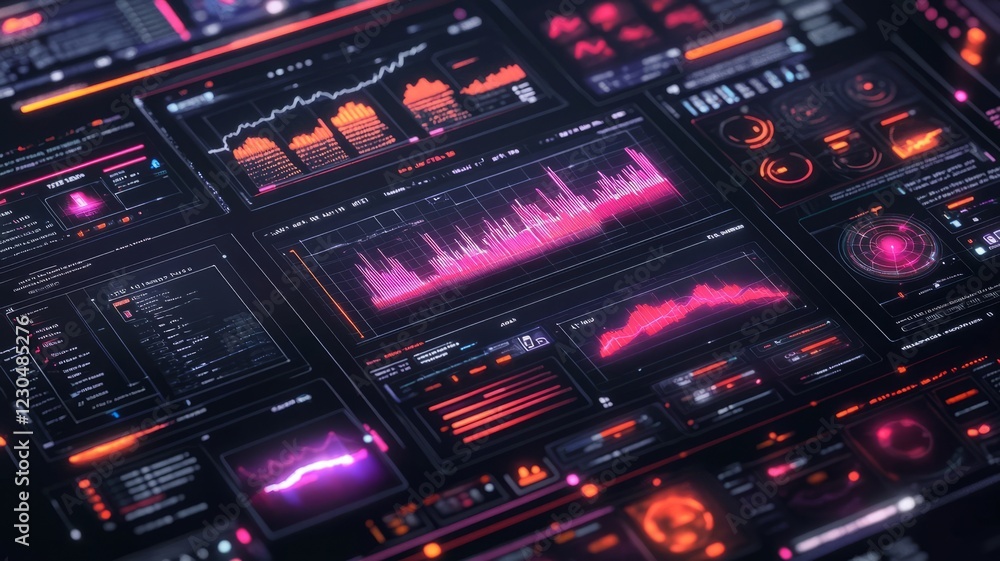Poster futuristic digital dashboard displaying various data graphs and charts in pink and orange hues.