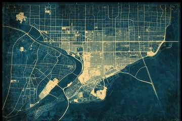 City grid map showcasing urban layout and development with river pathways at dusk