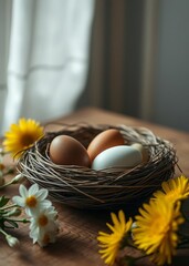 Easter eggs in a nest on a wooden table with flowers easter egg holiday illustration celebration easter