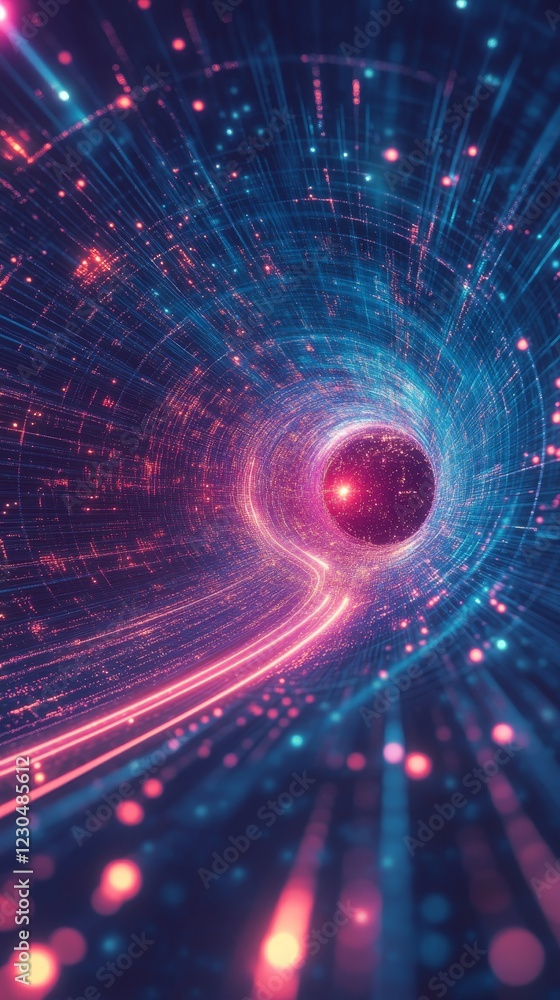 Poster exploring the mystical dimensions of space and time through a neon vortex journey