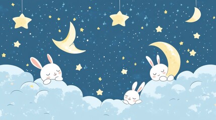 Three Bunnies Sleep Peacefully Among Stars and Clouds