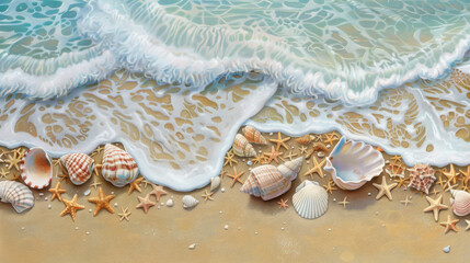 serene beach scene featuring seashells and starfish along shoreline, with gentle waves lapping at sand. colors evoke calm and peaceful atmosphere
