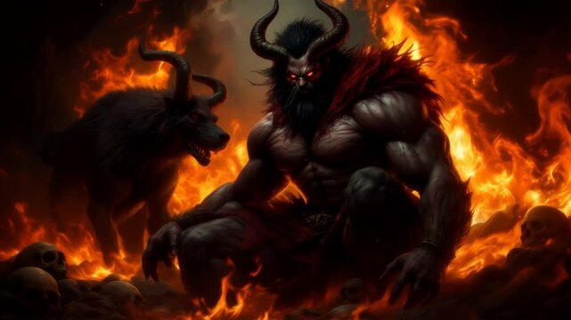 Infernal Lord and His Hound Amidst Burning Skulls