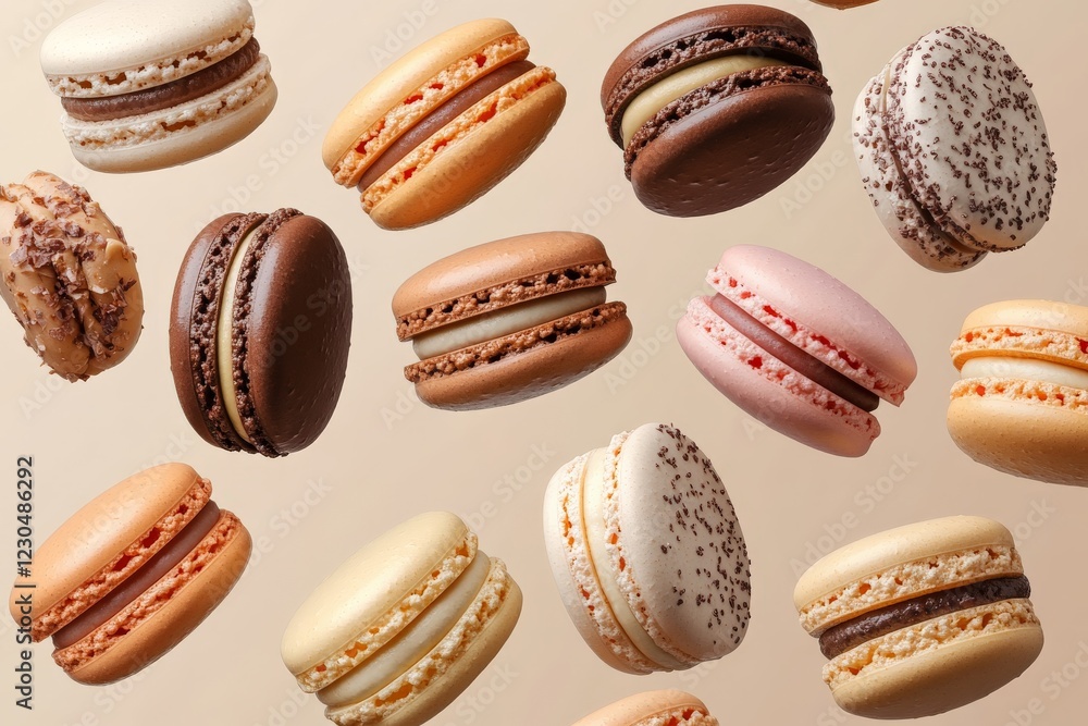 Poster Colorful assortment of macarons floating against a soft pastel background in a visually appealing arrangement