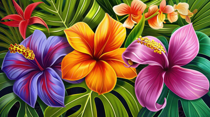 Obraz premium Vibrant tropical flowers in various colors, surrounded by lush green leaves, create lively and exotic atmosphere. This artwork captures beauty of nature palette