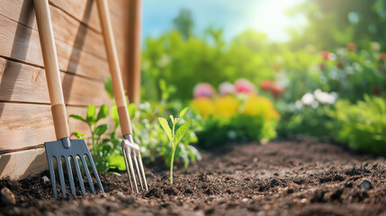 Wooden-handled rakes and tools leaning against a rustic shed with soil and green shoots. Blurred flower bed in the background. High-resolution image for stock imagery or editorial use.