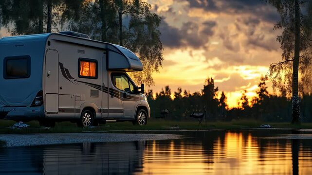 Family enjoys RV holiday trip at sunset by the tranquil lake surrounded by nature, Family vacation travel RV, holiday trip in motorhome
