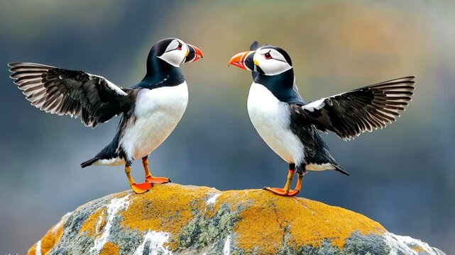 Atlantic puffins displaying courtship behavior on a rocky outcrop during spring, Atlantic puffin (Fratercula arctica), on the rock on the island of Runde (Norway)