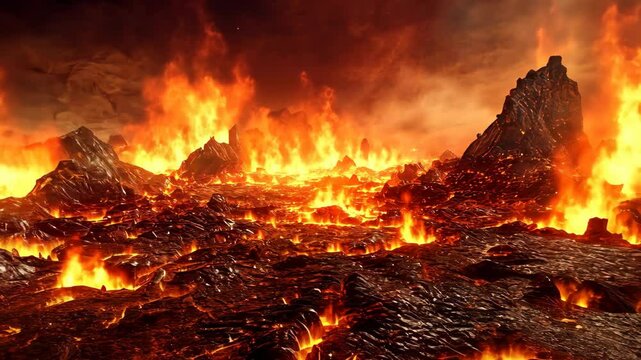 Fiery landscape of molten lava and intense flames in a hellish atmosphere full of heat and destruction, Hell background full fire burn very hot place