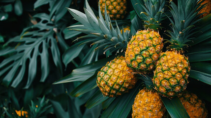 Obraz premium Fresh pineapples growing among lush green leaves, showcasing vibrant colors and tropical beauty. This captures essence of tropical paradise