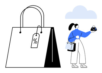 Woman with ponytail and blue shirt holds purse and shopping bags, standing by large shopping bag with discount tag. Ideal for sales, shopping, consumerism, discounts, retail, online shopping