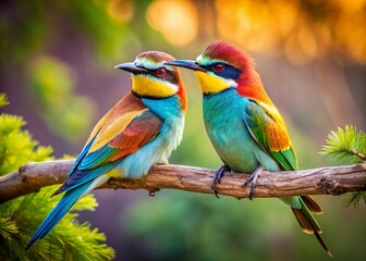 Obraz premium Two Lovebirds Perched on a Branch: A Documentary Style Photograph