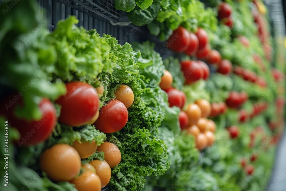 Poster fresh tomatoes and lettuce arranged in a vibrant vertical garden display at a local market