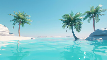 Obraz premium serene tropical beach scene featuring clear turquoise water, white sand, and palm trees under bright blue sky. tranquil atmosphere invites relaxation and escape