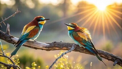 Obraz premium Two Vibrant Birds on Branch, Sunny Day, Nature Photography