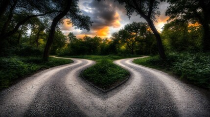Fototapeta premium Serene Forest Path Splitting into Two Directions at Sunset