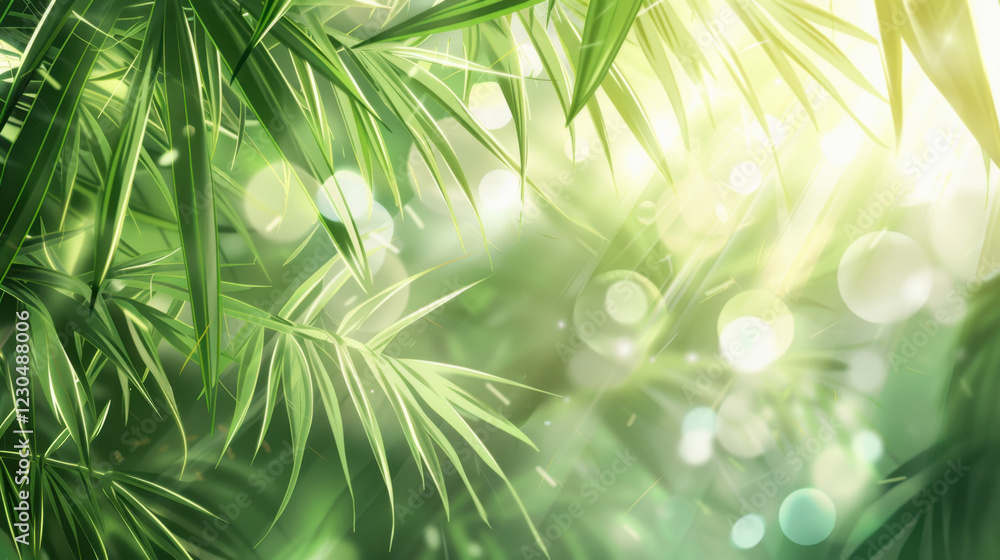 Poster lush green bamboo leaves with soft sunlight filtering through, creating serene and tranquil atmosphe