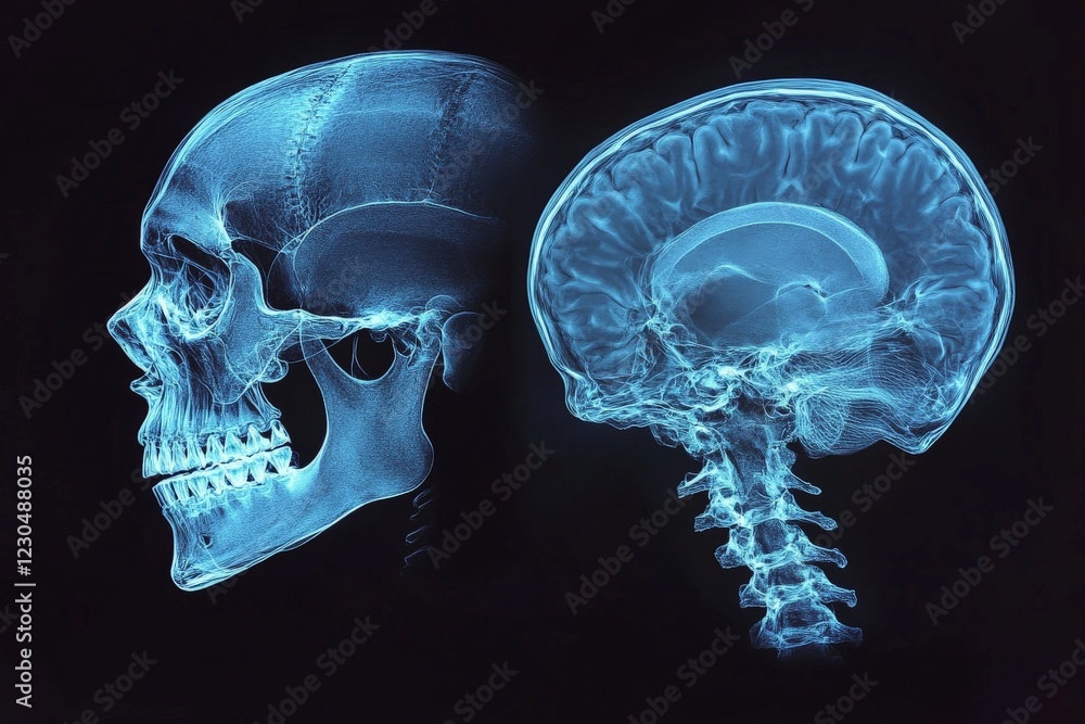 Poster Detailed view of human skull and brain anatomy highlighting skeletal structure and neural pathways